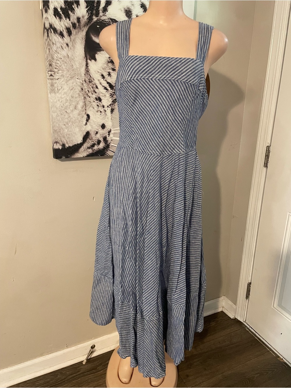Ralph Lauren pinstripe sleeveless peasant dress flares skirt square neckline 10